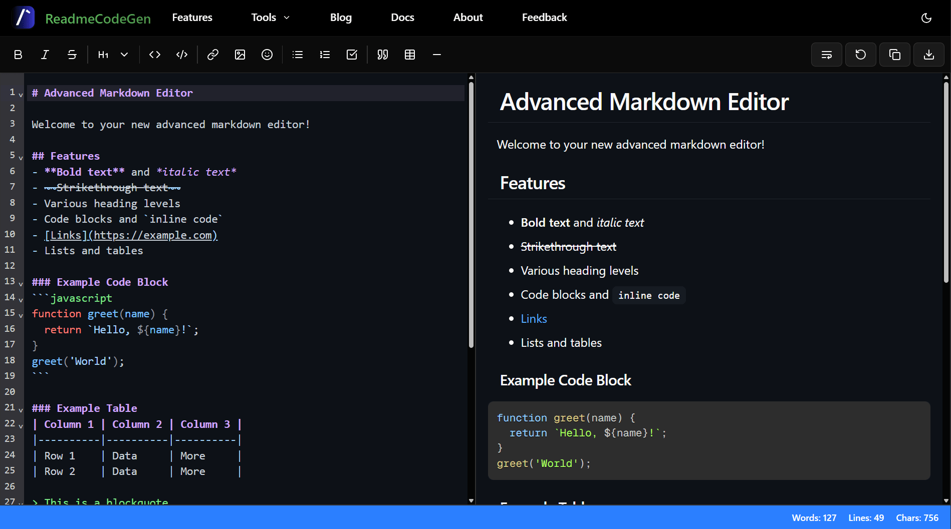 ReadmeCodeGen Markdown Editor Screenshot