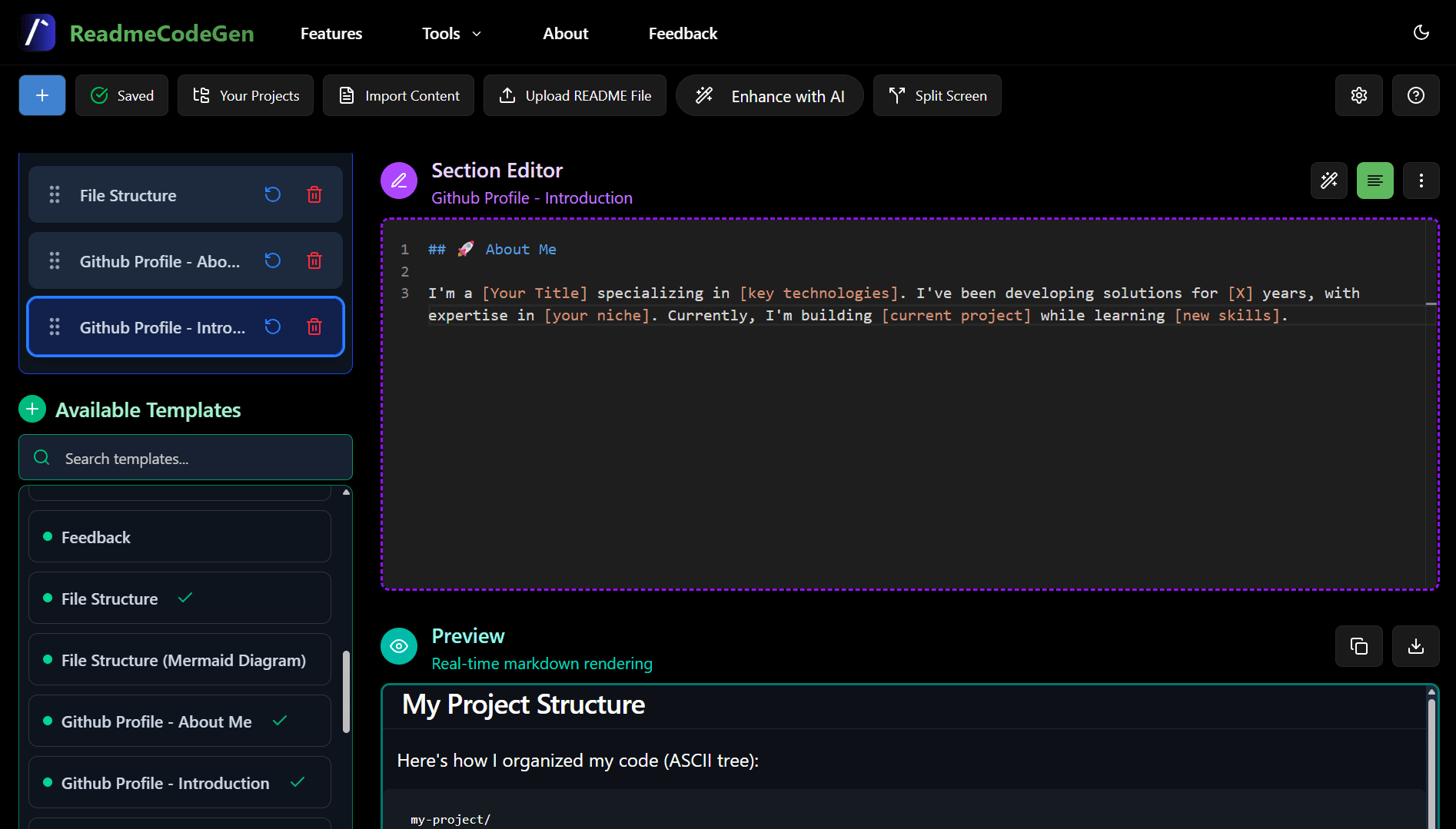 ReadmeCodeGen Structured Builder Screenshot